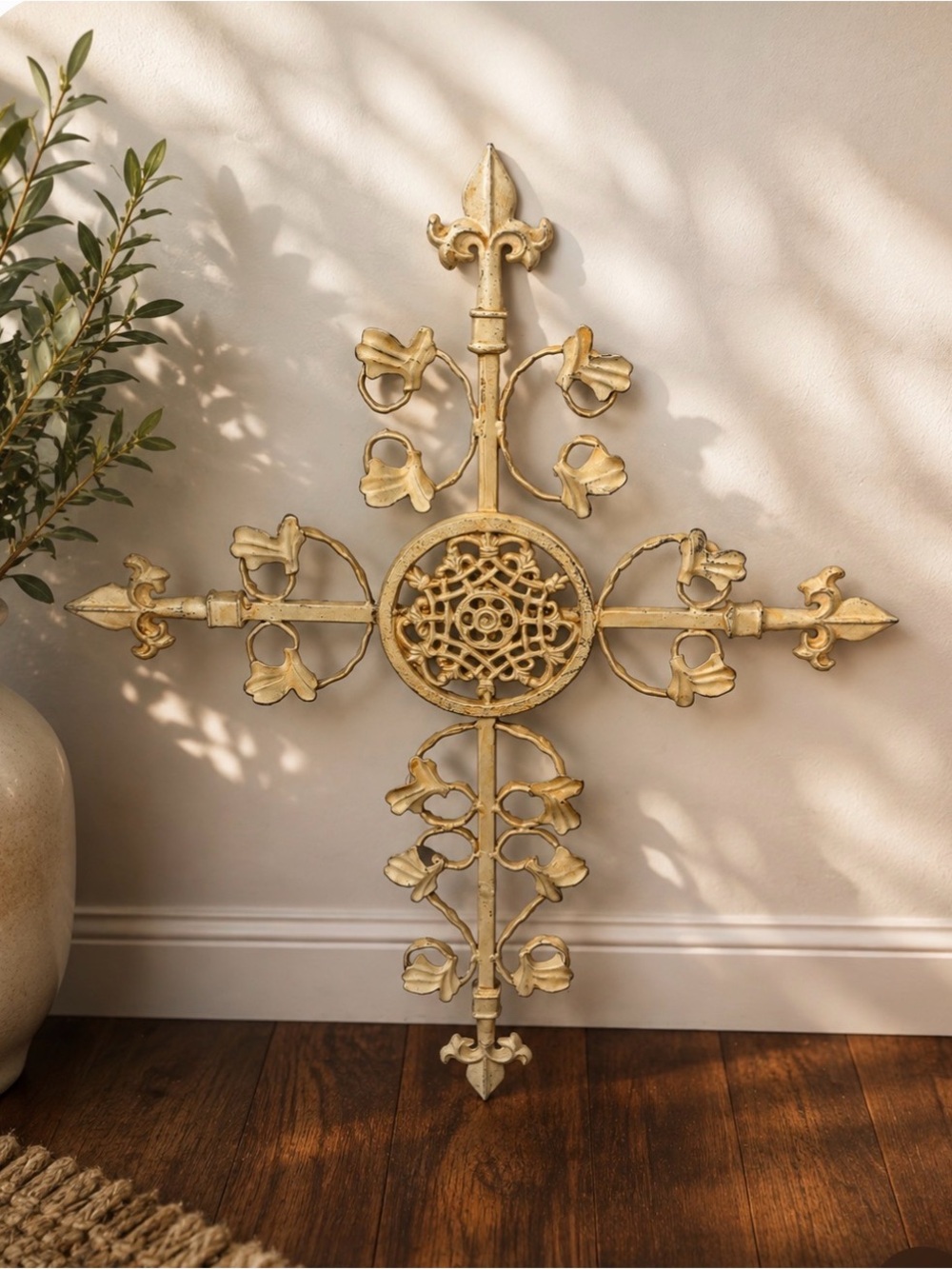 Decorative Gold Fleur-de-Lis Metal Wall Cross - Ornamental Home Accent